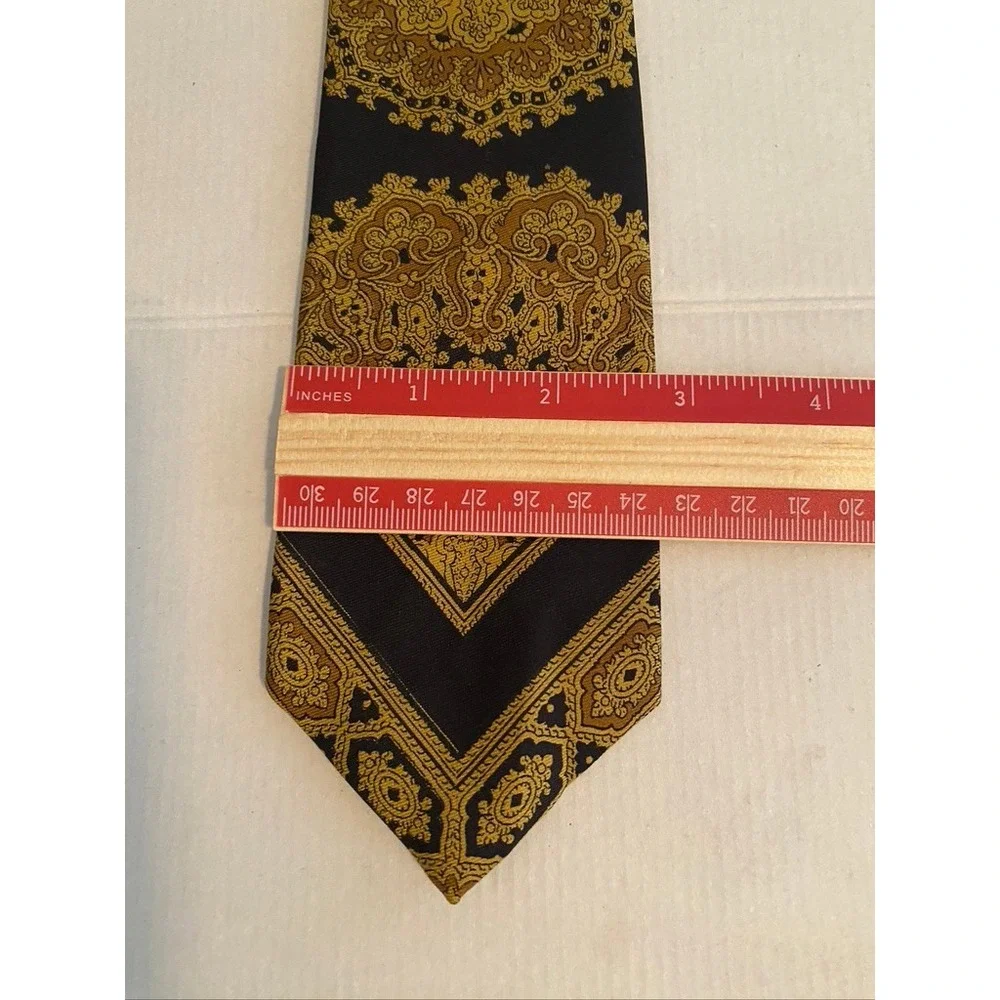 Vintage The Broadway by Di Mario Silk Tie Ornate Gold Black Italian Foulard